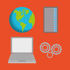 Laptop gears and planet icon. Data center and web hosting theme. Colorful design. Vector illustration