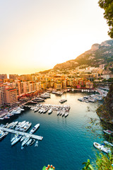 Panoramic view of Port de Fontvieille in Monaco. Azur coast. Colorful bay with a lot of luxury...