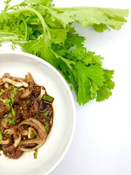 Thailand food raw beef and ready to eat .
