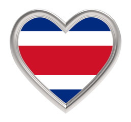 Costa Rica flag in silver heart isolated on white background. 3D illustration.