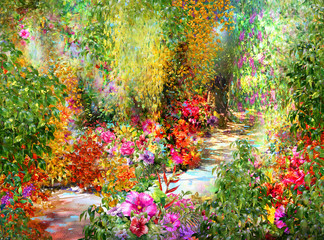 Abstract flowers watercolor painting. Spring multicolored flowers