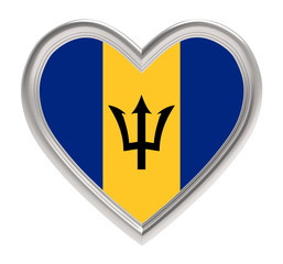 Barbados flag in silver heart isolated on white background. 3D illustration.