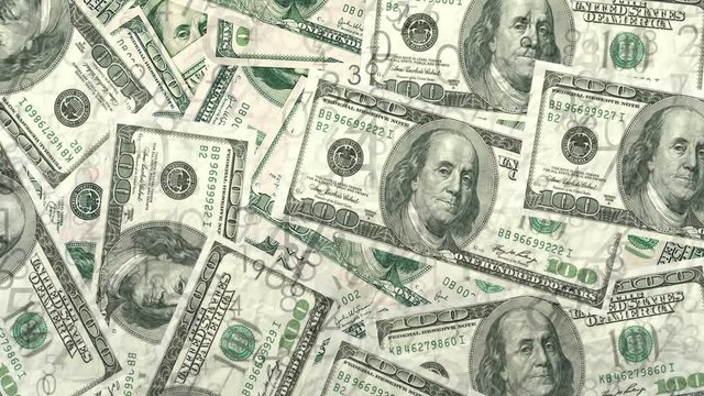 Financial background, money abstract background, dollar bills. Financial concept, numbers motion above bills of dollar currency. Finance, business abstract loop seamless background.