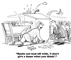 B&W business cartoon of two businessmen or politicians crouching behind the podium as rotten fruit is thrown at them.