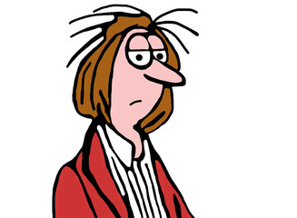 Color, closeup business illustration of frowning, frazzled businesswoman.