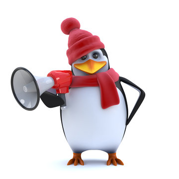3d Winter penguin using a megaphone