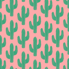 Seamless pattern with cactus in green on pink background.
