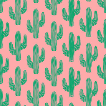 Seamless pattern with cactus in green on pink background.
