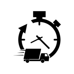 flat design clock with arrow and  truck van icon vector illustration