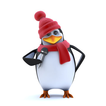 3d Winter penguin sings into the microphone