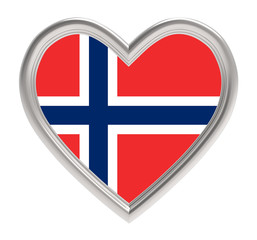 Obraz premium Norwegian flag in silver heart isolated on white background. 3D illustration.