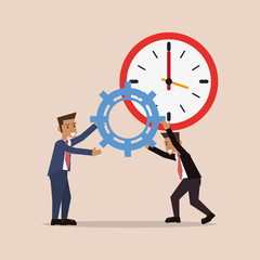 flat design clock with business people and office related icons vector illustration