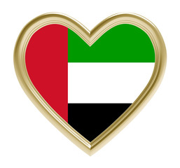 UAE flag in golden heart isolated on white background. 3D illustration.