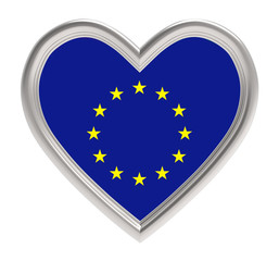 EU flag in silver heart isolated on white background. 3D illustration.