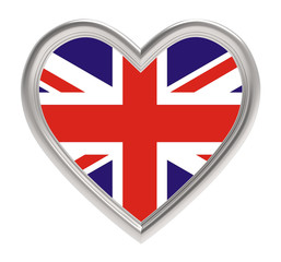 Obraz premium UK flag in silver heart isolated on white background. 3D illustration.