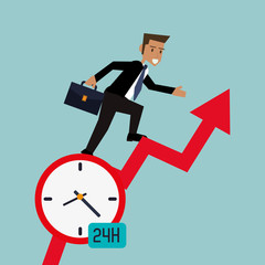 flat design clock with  businessman and  office related icons vector illustration