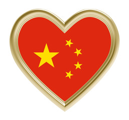 Chinese flag in golden heart isolated on white background. 3D illustration.