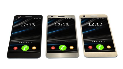 Modern smartphone in three color  isolated on white