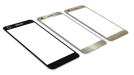 Modern smartphone in three color. White screen for mockup, isolated