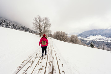 Back view of woman walking down the snowy road in countryside