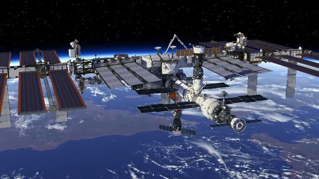 Flying Around International Space Station. 3D Animation.