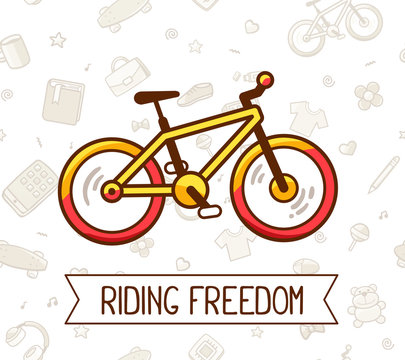 Vector illustration of colorful bicycle with ribbon and text on