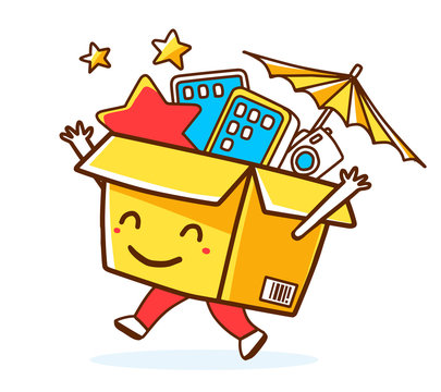 Vector illustration of colorful smile character shopping box wit