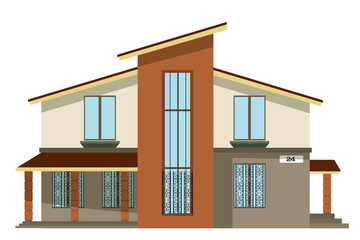 Flat style. Cartoon building. Modern two-storey private house wi