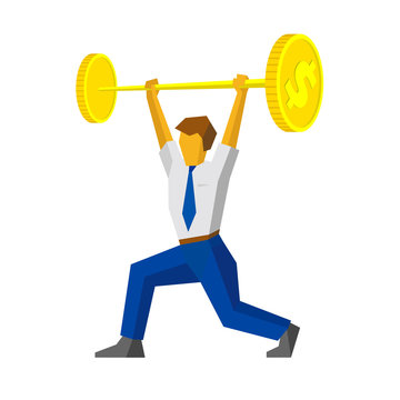 recommend clip art: Businessman raises a bar with coins like weightlifter
