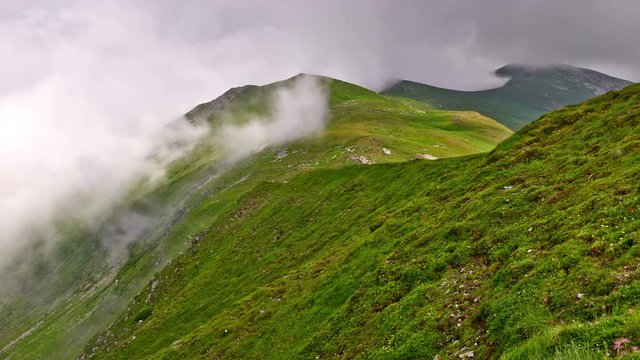 Exciting time-lapse scene of thick fog moving in the fairy Carpathians mountains.