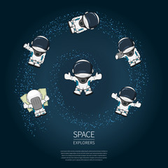 Set of Hand drawn cartoon astronaut in space suit. Line art cosmic vector illustration.