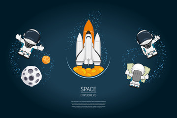 Set of Modern design vector illustration withSpace Shuttle Launch, astronaut, planet. universe exploration and new technology. Template for poster.