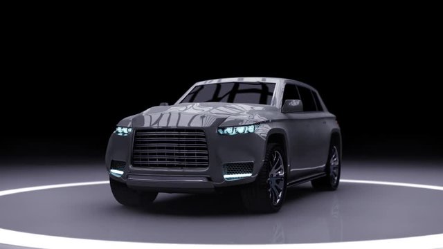 Modern car rotates, photo-realistic 3D car animation on a black background