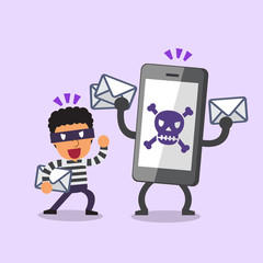 Cartoon thief and smartphone with skull icon