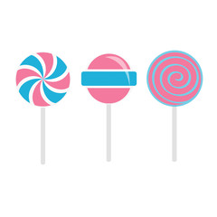 Lollipops set. Candy on stick with twisted design. Baby pink and baby blue color. Vector illustration.