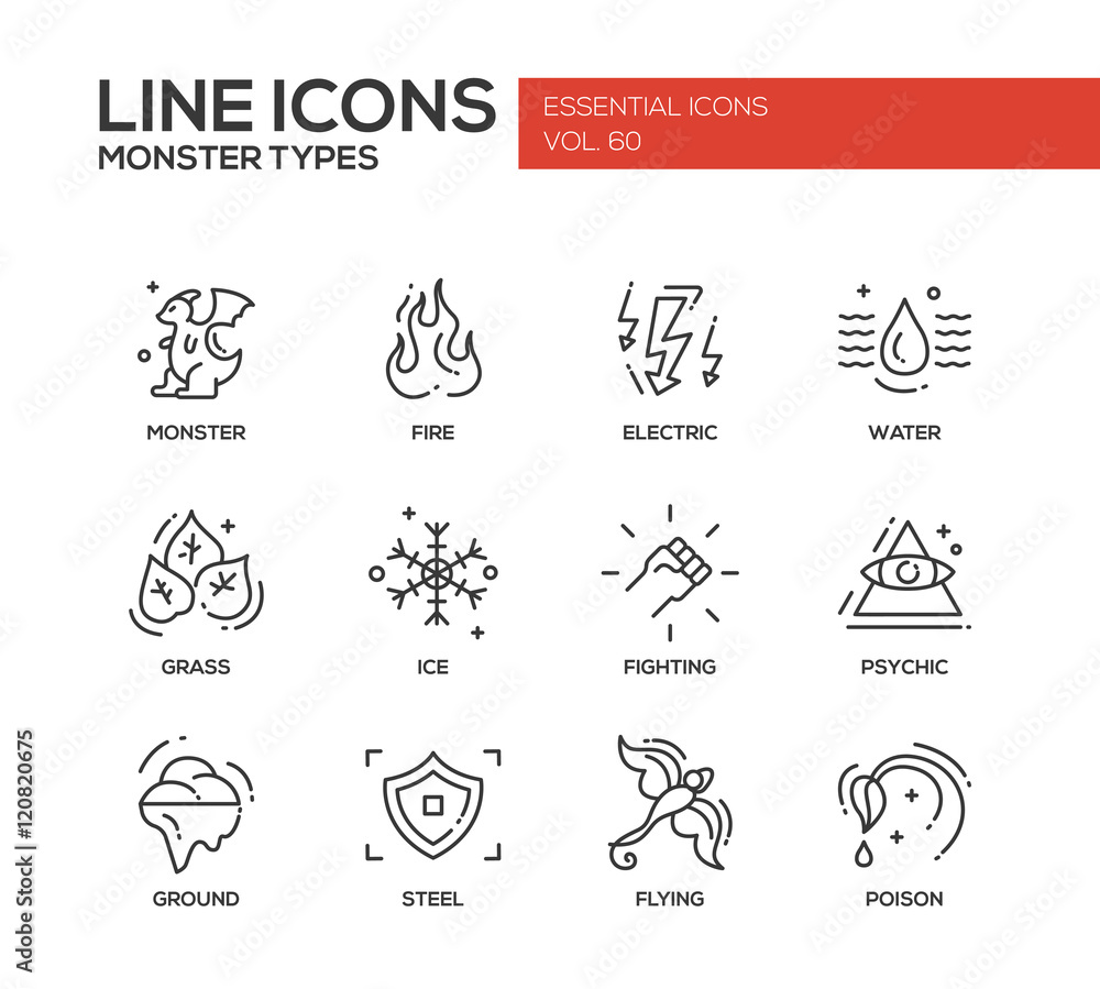 Poster monsters types - line design icons set