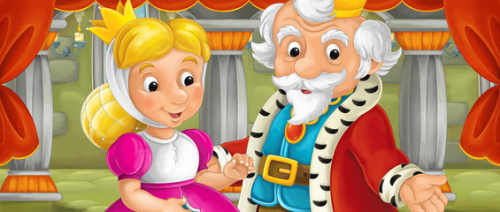 Cartoon scene of king and queen holding hands in love - illustration for children