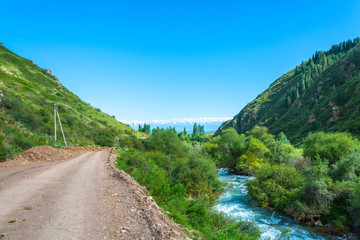 Fototapeta na wymiar Small mountain river in the Semenov gorge, Kyrgyzstan.