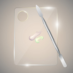 Palette for mixing beauty products. Makeup mixing palette and spatula tool. Vector illustration.