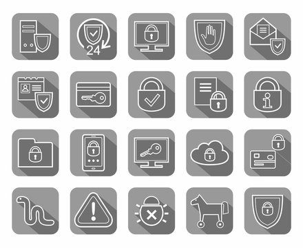 Information protection, contour icons, gray. Information technology, data security system. Vector, white, contour icons on gray background with shadow. 