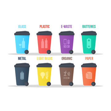 recycle waste bins vector illustration different types of recycling wastes. trash segregation for utilizing process. light bulb, paper, plastic, organic, glass, metal, batteries, clothes, e-waste