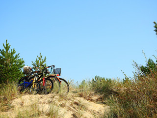 Bicycles on a sand hill at the beach.