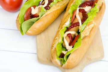 hot dogs on a wooden table