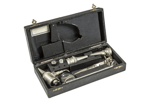 Antique medical otoscope in a black box