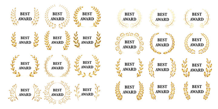 Best award mega set. Vector gold award laurel wreath. White version. Isolated vector illustrations