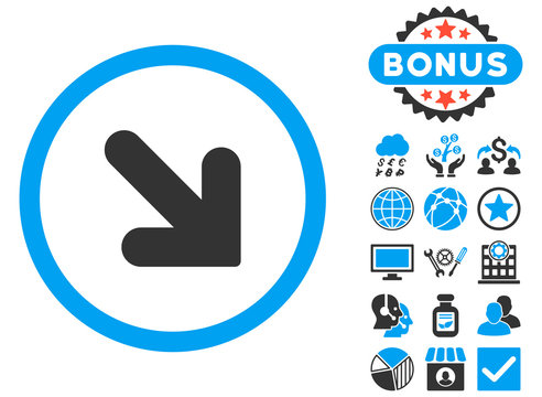 Arrow Down Right icon with bonus symbols. Vector illustration style is flat iconic bicolor symbols, blue and gray colors, white background.