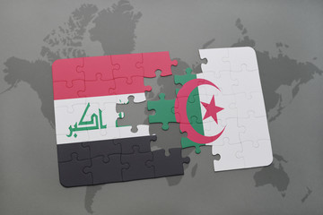 puzzle with the national flag of iraq and algeria on a world map background.