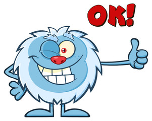 Cute Little Yeti Cartoon Mascot Character Winking And Holding A Thumb Up. Illustration Isolated On White Background With Text OK!