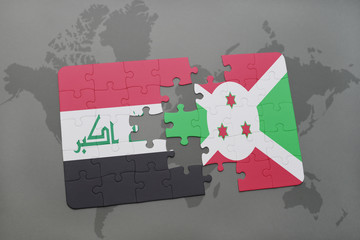 puzzle with the national flag of iraq and burundi on a world map background.