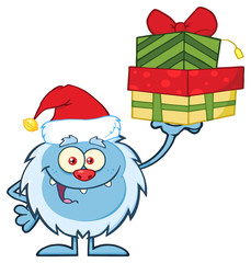 Smiling Little Yeti Cartoon Mascot Character With Santa Hat Holding Up A Gifts. Illustration Isolated On White Background